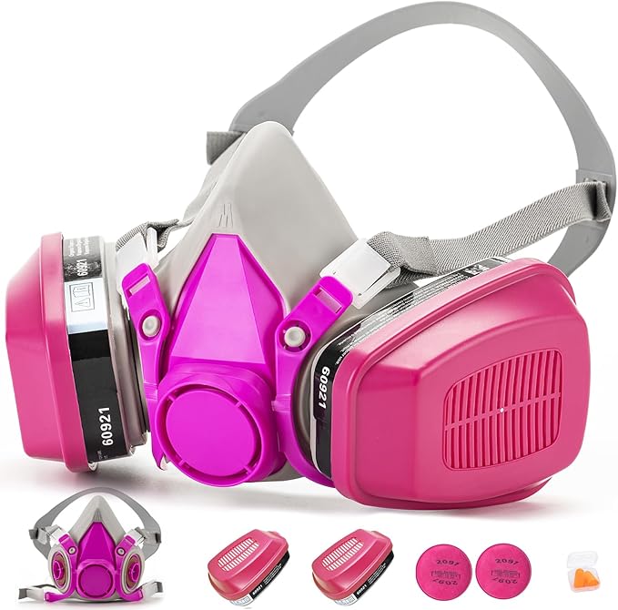 RANKSING Respirator Mask with Filters and Glasses to Against Dust Gases Fumes in Painting Spraying Sanding Orange/Pink