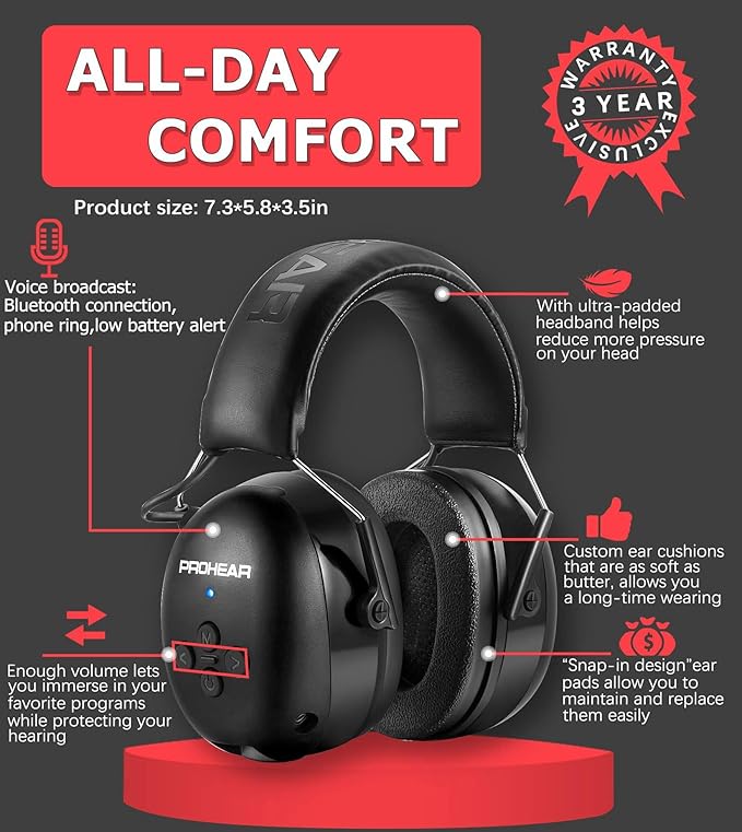 PROHEAR 037 2.0 Bluetooth 5.3 Hearing Protection Headphones, 30dB SNR Noise Reduction Safety Ear Muffs, 120H Playtime & Adjustable Headband for Mowing, Woodworking, Construction - Black