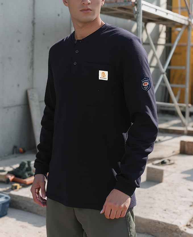 BOCOMAL FR Shirts Henley 7oz Midweight Fire Resistant Clothing NFPA2112 CAT2 Men's Flame Retardant Work Shirt