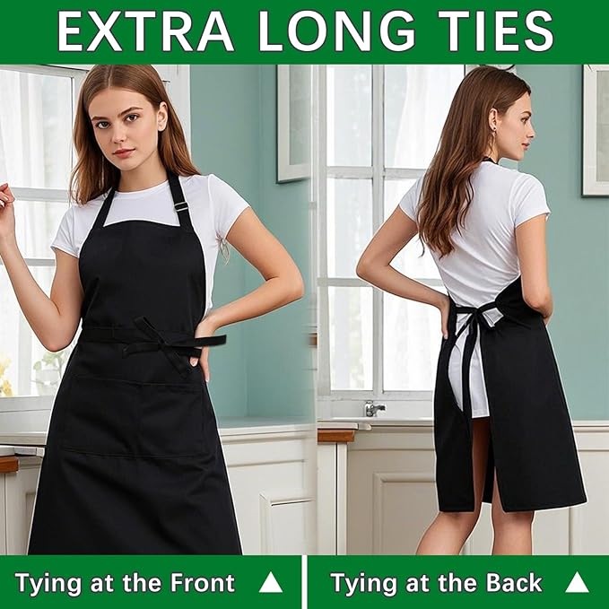 Bib Apron - Unisex Black Aprons 6 Pockets Cooking Kitchen Apron for Chef,BBQ Drawing aprons black (6 PCS)