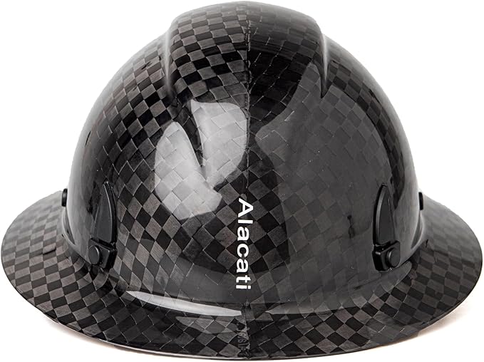 Carbon Fiber Hard Hat Full Brim with Goggles- Safety Helmet with 6-Point Adjustable Ratchet Suspension- ANSI Z89.1 Compliant