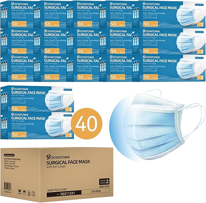 Jointown Disposable Face Masks, ASTM Level 2 Surgical Mask with 3 Ply Protection & Elastic Earloop, 2000 Pack Blue