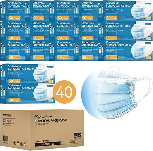 Jointown Disposable Face Masks, ASTM Level 2 Surgical Mask with 3 Ply Protection & Elastic Earloop, 2000 Pack Blue