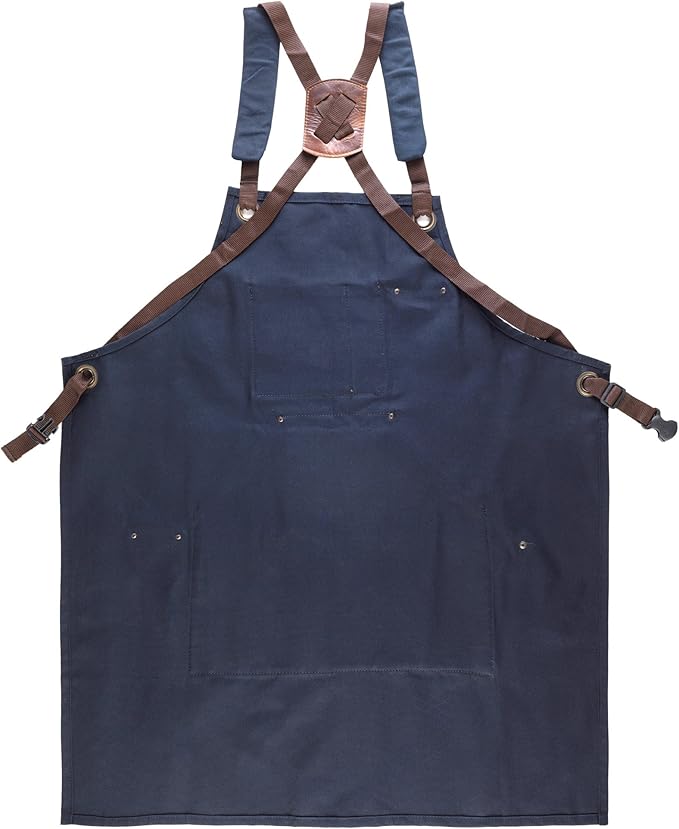 Cross Back Canvas Aprons With Pockets |Adjustable Leather Strap|Work Apron|Chef Apron|Woodworking, Grilling