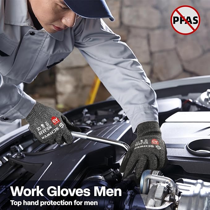 Schwer ProGuard Highest Level Cut Resistant Work Gloves PR3326 for Extreme Protection，ANSI A9 Cut Gloves with Reinforced Thumb, Non Slip, Non PFAS, Durable, Touch-screen, Black 2 Pairs（L）