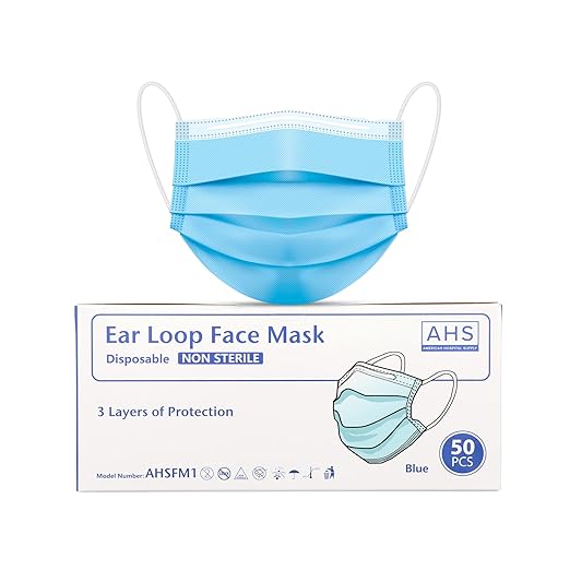 (AHS) Earloop Masks Disposable | Adult Face Covering | 3 Ply Disposable Face Mask (Box of 50)