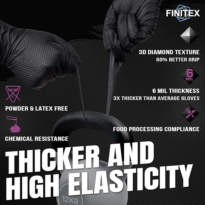 FINITEX Disposable Industrial Diamond Texture Nitrile Glove - Chemical Resistant Heavy Duty 6.3mil Mechanic Automotive Gloves
