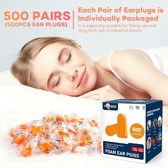 VOISEN Ear Plug,500 Pairs Ear Plugs for Sleeping,32dB NRR 37dB SNR Ear Plugs Noise Cancelling for Snoring, Studying, Loud Events, Traveling & Concerts, Individual Package