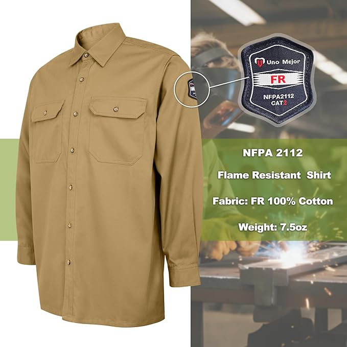 FR Shirt 7.5oz, 100% C Flame Resistant Work Shirt with Reinforced Sewing, Men's Fire Retardant Shirt, Durable Welding Accessories, Meets NFPA2112, Khaki-ZRND M
