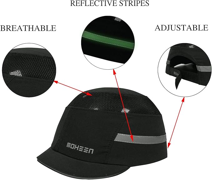 Lightweight Safety Bump Cap - Breathable Baseball Style Protective Hat with Reflective Stripes