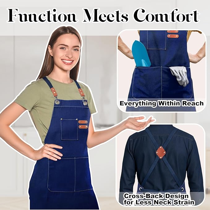 Chef Apron for Men Women with Pockets,Cross Back Cotton Canvas Plus Size Apron for Cooking BBQ Baking Gardening