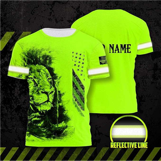 Matedecor Skull High Visibility Shirt Men Reflective Safety Shirts US Flag Custom Name Workwear, Runners, Walkers, Patriotic