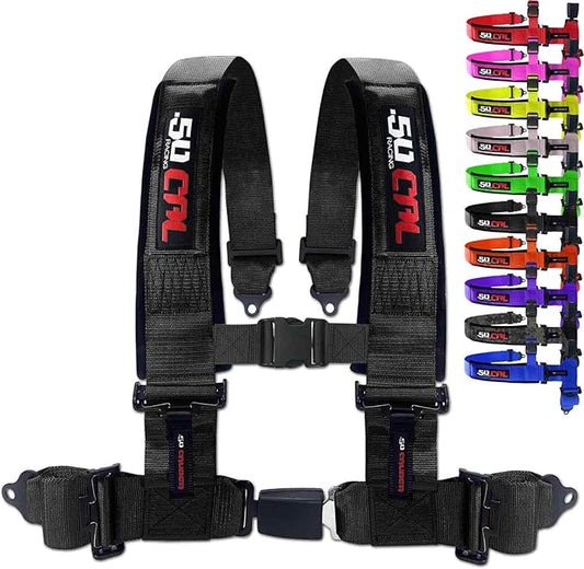 Black 4 Point Harness for Bucket Seat, Push Button Release, 10 Color Options, Racing Harness, Race Car, Off Road Vehicle, UTV, RZR (1 Unit) [6040]