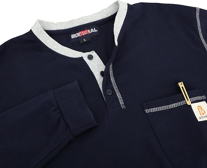 BOCOMAL FR Shirts for Men CAT2 5.5oz Long Sleeve Henley Workwear Flame Resistant Fire Retardant Shirt