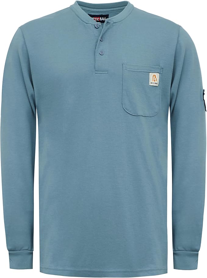 BOCOMAL FR Shirts Henley 7oz Midweight Fire Resistant Clothing NFPA2112 CAT2 Men's Flame Retardant Work Shirt