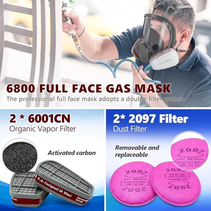 6800 Full Face Gas Mask - Anti-fog, Dust-proof Respirator Nuclear with 2097 & 6001CN Filters Protection for Painting, Mechanical Polishing, Welding and Other Work Protection
