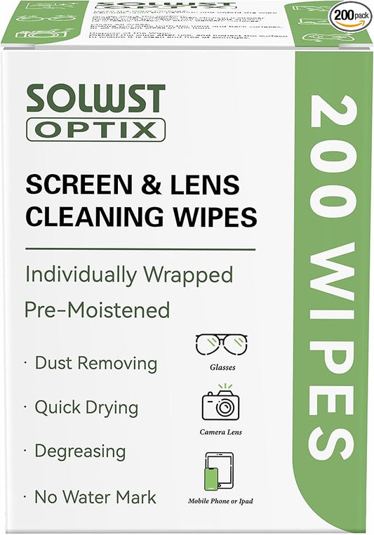 Optix Lens Cleaning Wipes - 200 Pre-Moistened, Individually Wrapped Wipes for Eyeglasses, Camera Lenses, Tablets, Phones, Computer Screens, and Other Surfaces