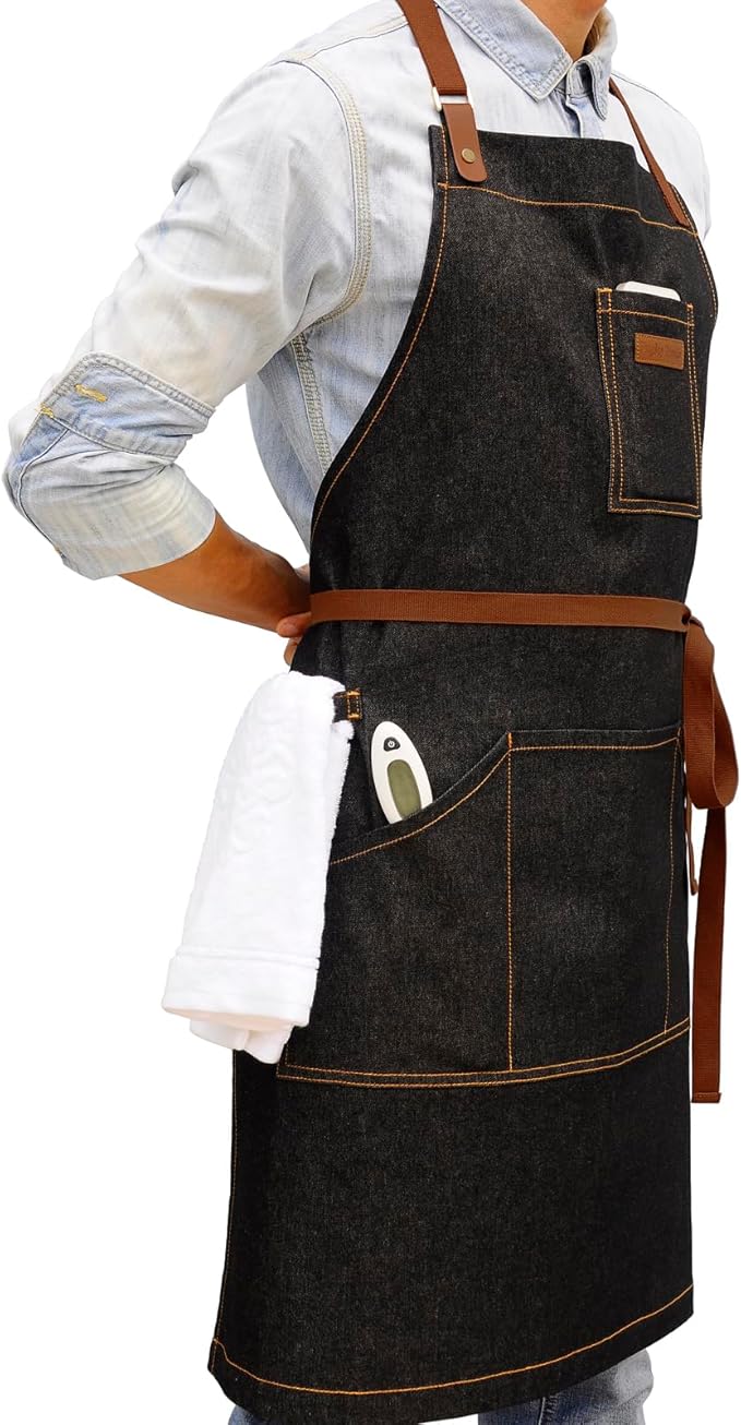Denim Kitchen Apron with Pockets, Mens Womens Professional Chef Bib Apron for Cooking Grill BBQ Server