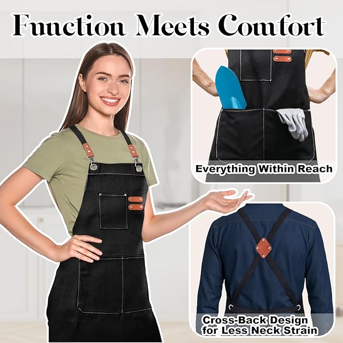 Chef Apron for Men Women with Pockets,Cross Back Cotton Canvas Plus Size Apron for Cooking BBQ Baking Gardening