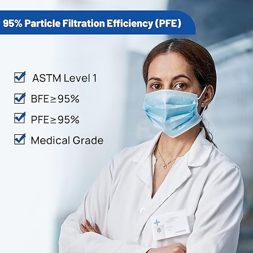 JMU 50pcs 3 Ply Blue Disposable Face Mask, Medical Grade, Comfortable & Breathable Suitable for Protection