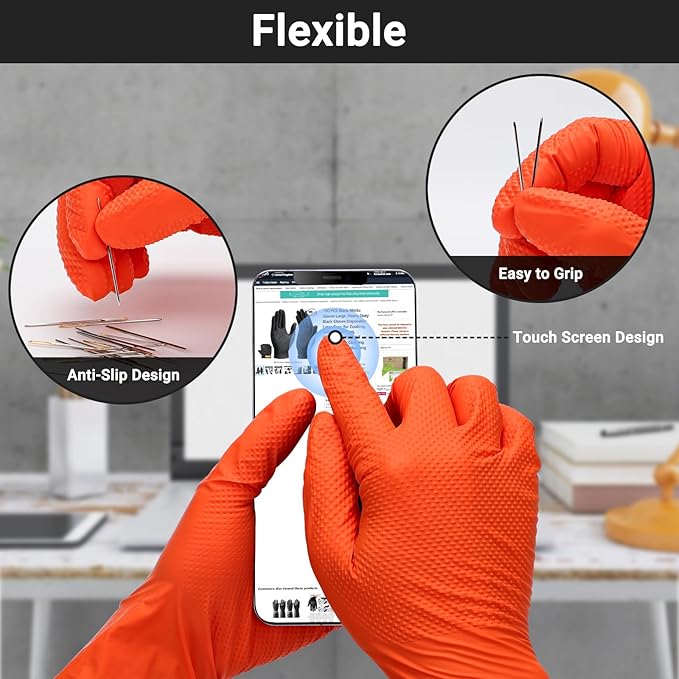 10 Mil Thick Chemical Resistant Orange Nitrile Gloves Large, 100 PCS Disposable Heavy Duty Mens Work Gloves with Grip for Women & Men Cleaning, Cooking, Gardening, Construction