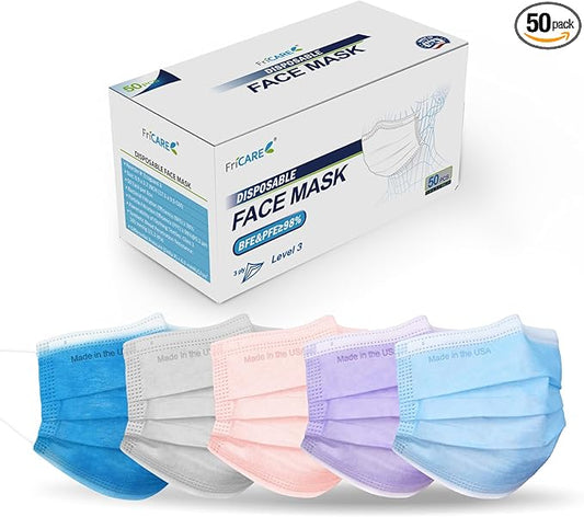 FriCARE Made in USA Disposable Face Masks, 3-Ply ASTM Level 3 Medical Grade, Breathable & Comfortable for Adult Daily Work/Sun Protection, 50 Pack Nordic Breeze