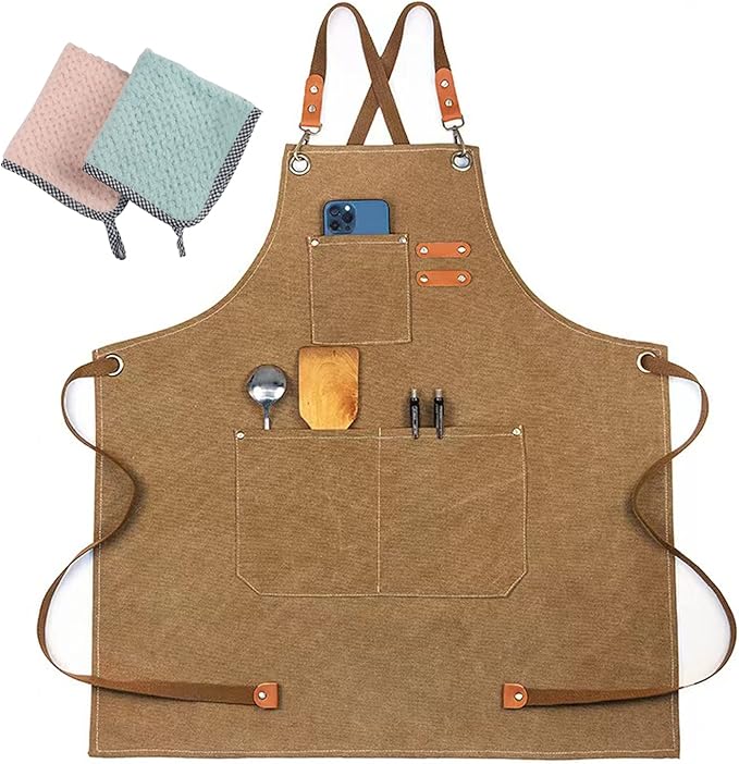 Chef Apron, Aprons for Men,Adjustable Strap Cotton Canvas Cross Back Apron for Kitchen Cooking Baking Bib Apron