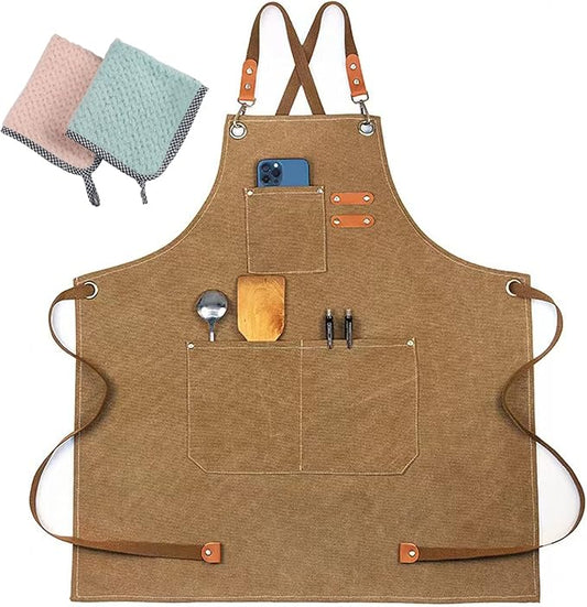 Chef Apron, Aprons for Men,Adjustable Strap Cotton Canvas Cross Back Apron for Kitchen Cooking Baking Bib Apron