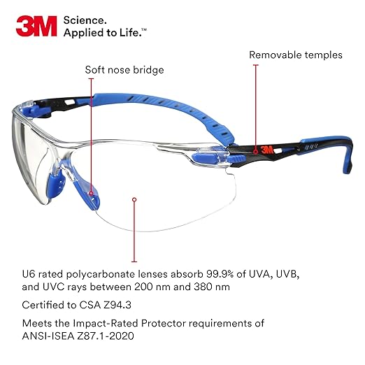 3M Safety Glasses Solus 1000 Series ANSI Z87 Scotchgard Anti-Fog Clear Lens Low Profile Blue/Black Frame