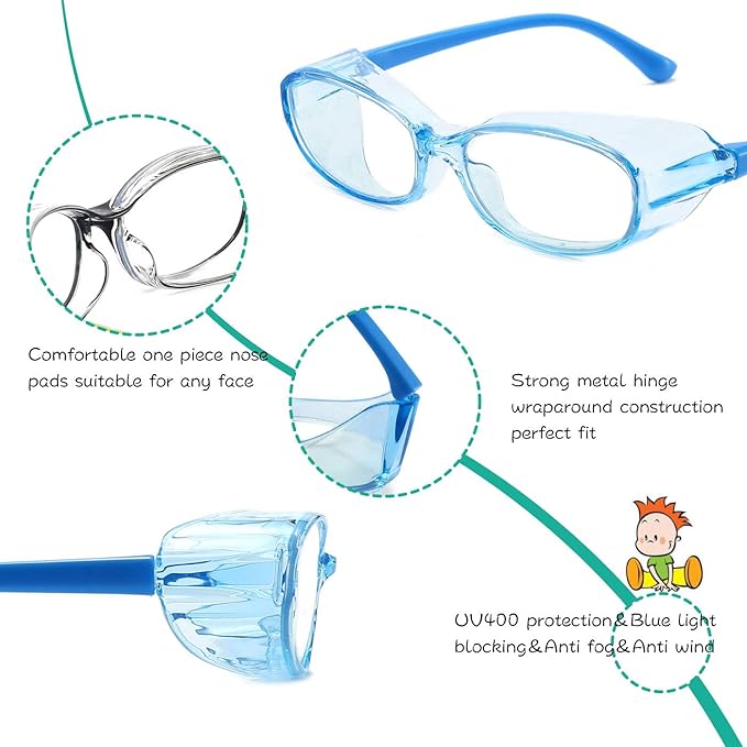 Safety Glasses Goggles Anti Fog Eye Protection Blue Light Blocking lens Side Shield Anti Pollen Soft TR90 for Boys Girls(Blue)