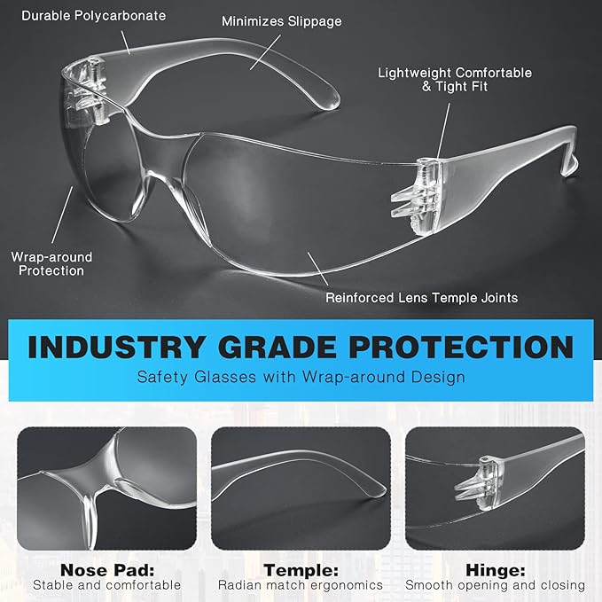 WFEANG Safety Glasses - Clear Protective Eyewear with ANSI Z87.1, Scratch and Impact Resistant, Eye Protection Glasses for Work, Lab, Construction (Pack of 50 Clear)