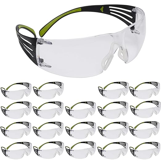 3M Safety Glasses for Men and Women, SecureFit 400, 20 Pack, ANSI Z87, Anti-Fog Anti-Scratch Clear Lens, Green/Black Frame, Polycarbonate, UV Protection, Flexible Temples, Soft Nose Bridge