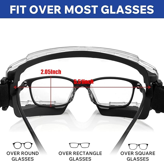 Safety Goggles Over Glasses - ANSI Z87.1 Certified Eye Protection for Chemistry Lab Work & Industrial Use - Anti-Fog Clear Lens, Impact Resistance - Adjustable Strap - Men & Women (2 Pack)
