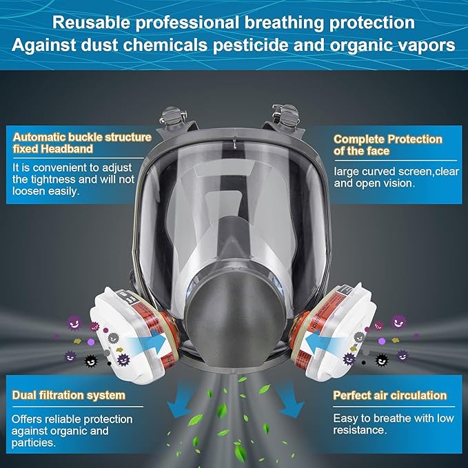 Full Face Respirator Mask, 6800 Reusable Respirator Mask with Filters, Anti-fog, Ideal for Paint, Spray, Dust