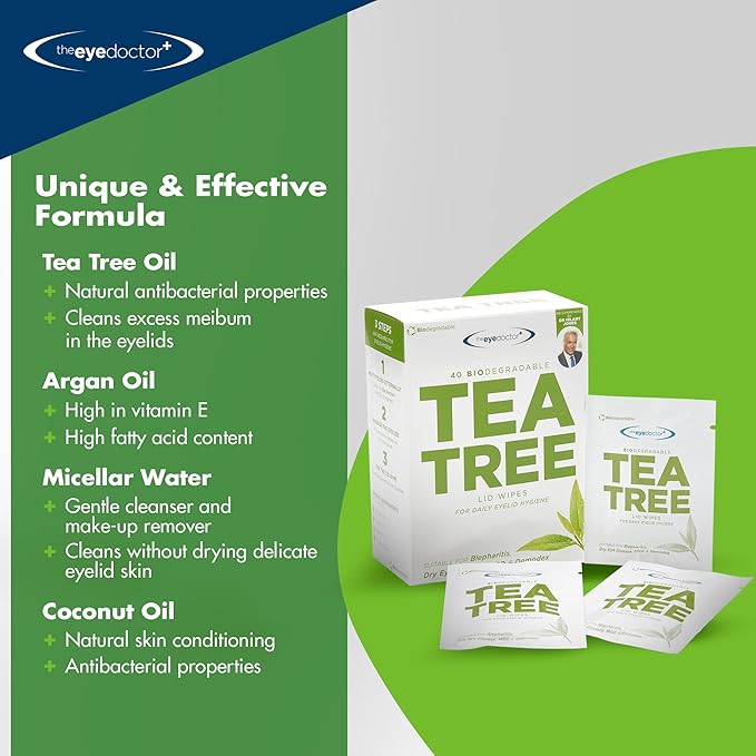 The Eye Doctor Tea Tree Eyelid Wipes - 40x Cleansing Lid Wipes Suitable for Dry Eye Blepharitis MGD & Demodex - Tea Tree, Coconut & Argan Oil