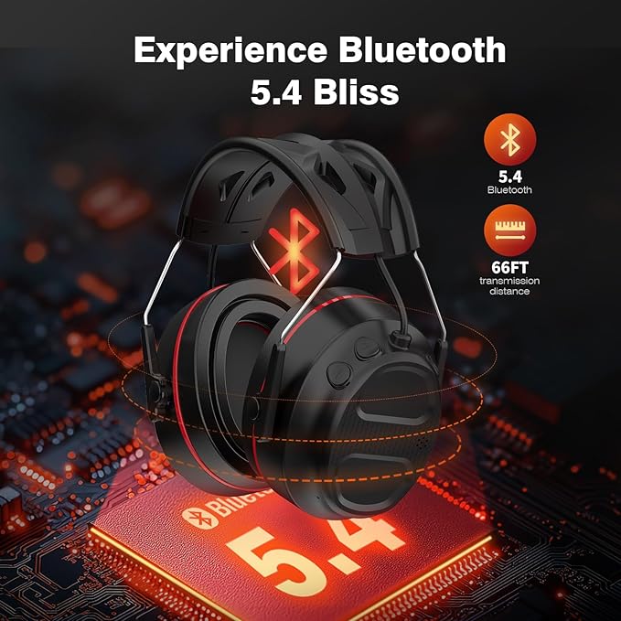 Bluetooth 5.4 Hearing Protection Gel Headphones with 1200mAh Rechargeable Battery, 120H Working Time, 30dB SNR, Ear Muffs with Larger Buttons for Easy Operation, Superior Stereo Sound Quality
