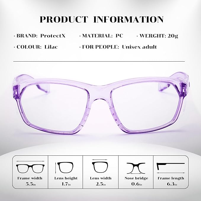 ProtectX Stylish Anti-Fog & Scratch-Resistant Safety Glasses, UV Protection Goggles, Anti-Impact Lightweight Glasses for Men＆Women Lilac Clear
