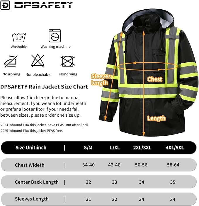 Reflective Rain jackets for men waterproof,Hi Vis Safety Coat With Reflective Strips，High Visibility Class 3 Rain jackets With 2 large pockets，Zipper,Black，2XL/3XL