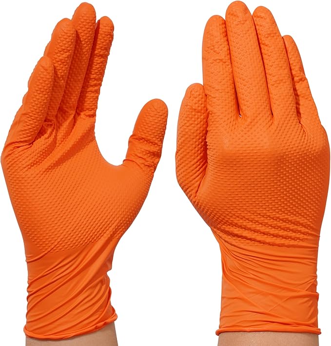 Industrial Nitrile Gloves – Heavy Duty Latex & Powder Free Disposable Gloves with Diamond Texture - 8 Mil (Orange)