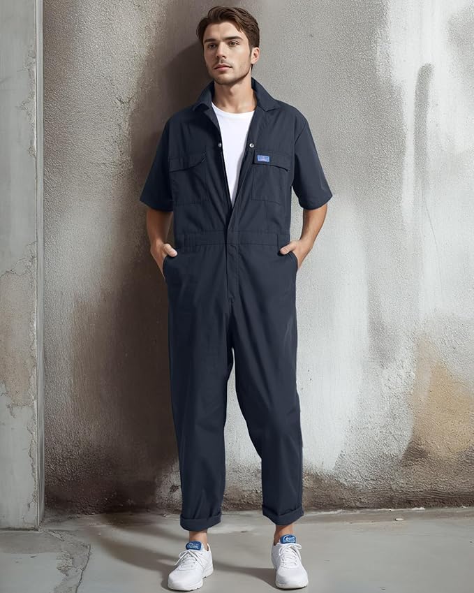 HISEA Men's Short Sleeve Zip Up Coverall, Twill Stain & Wrinkle Resistant Mens Work Coverall with Multi Pockets