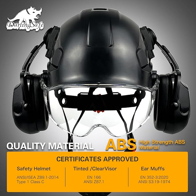 Hard Hat with Visor Ear Muffs Vented Safety Helmet with Visor Earmuffs ANSI Z89.1 Outdoor Work Hardhats Construction