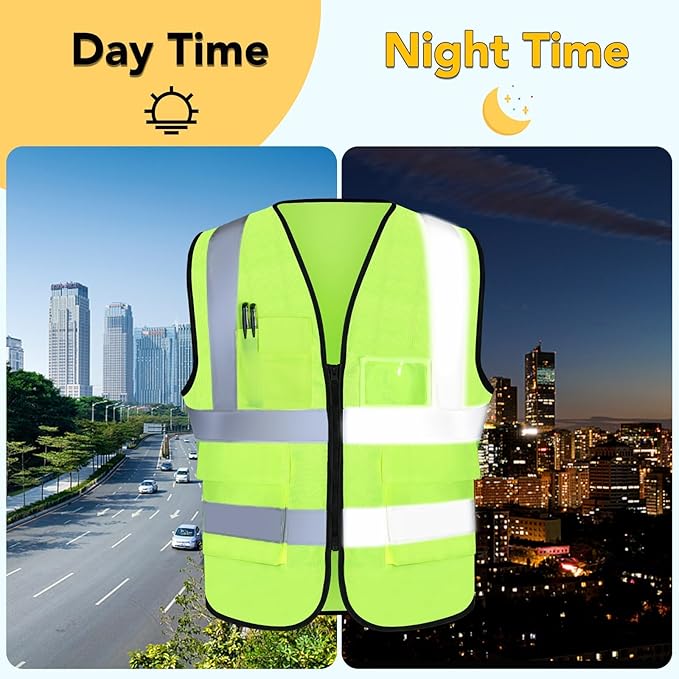 XPCARE 10-Pack Hi Vis Reflective Safety Vest with Pockets, Green High Reflective Strips Zipper Work Vest for Men and Women(XX-Large)