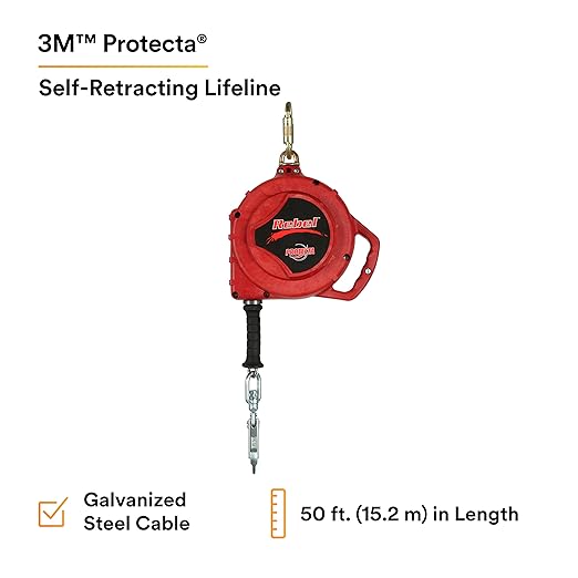 3M Protecta Rebel 3590550 Self Retracting Lifeline, 50' Galvanized Cable, Thermoplastic Housing, Carabiner, 420 lb Capacity, Red