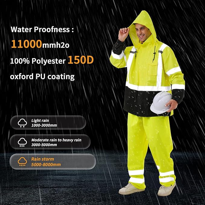 Hi Vis Safety rain Jacket，Reflective Class 3 Rain coat with Inner Mesh Lining and Pockets High Visibility Waterproof work Rain Suits for men&women（Lime,2XL/3XL）