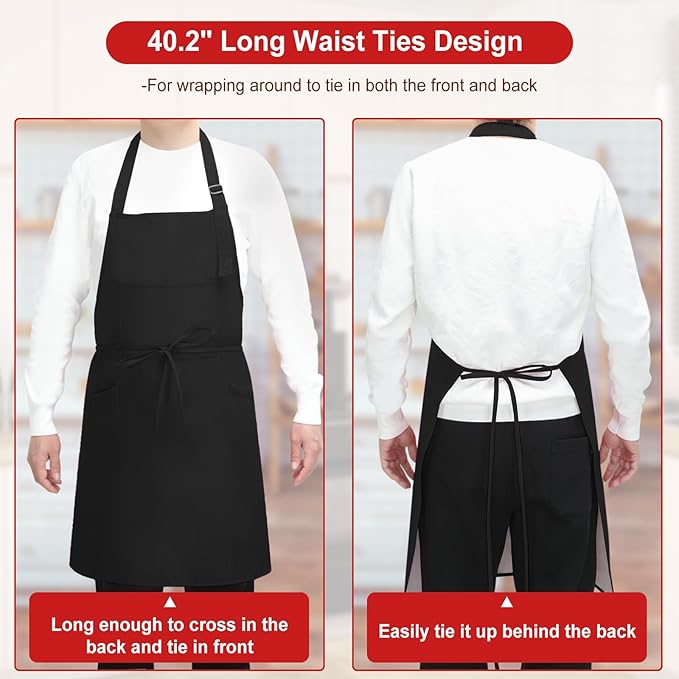3 Pcs Dual Waterproof Oilproof Kitchen Chef Aprons with 4 Pockets for Men Women, Adjustable Soft Anti-Tear Cooking Bib Apron for Baking Grilling BBQ Painting Cleaning (Black)