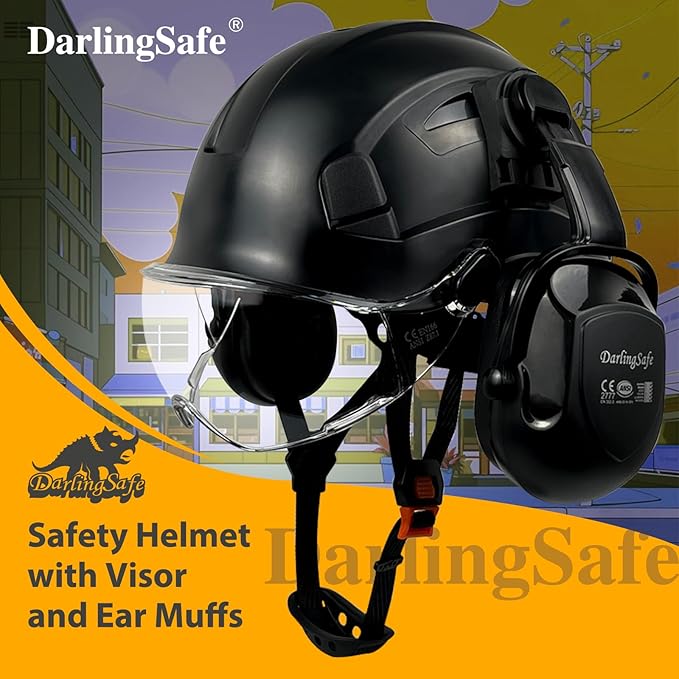 Hard Hat with Visor Ear Muffs Vented Safety Helmet with Visor Earmuffs ANSI Z89.1 Outdoor Work Hardhats Construction