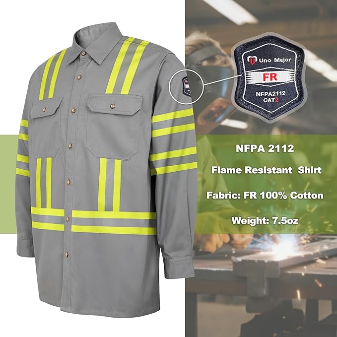 Welding Shirt 7.5oz FR Shirts for Men, 100% C Reflective Flame Resistant Welding Jacket with Heavy Sewing, Durable Men's Fire Retardant FR Clothing for Men, Meets NFPA2112, Grey-ZRWD 4XL