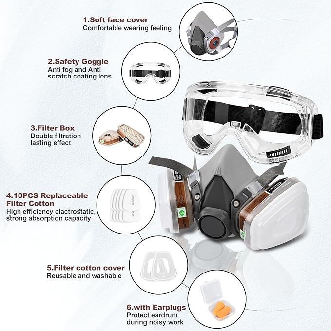 Respirator Mask with Filters - Half Face Reusable Gas Mask - Paint Respirator with Safety Goggles for Painting, Dust, Chemical, Organic Vapor, Welding, Spraying, Polishing, Woodworking Protection