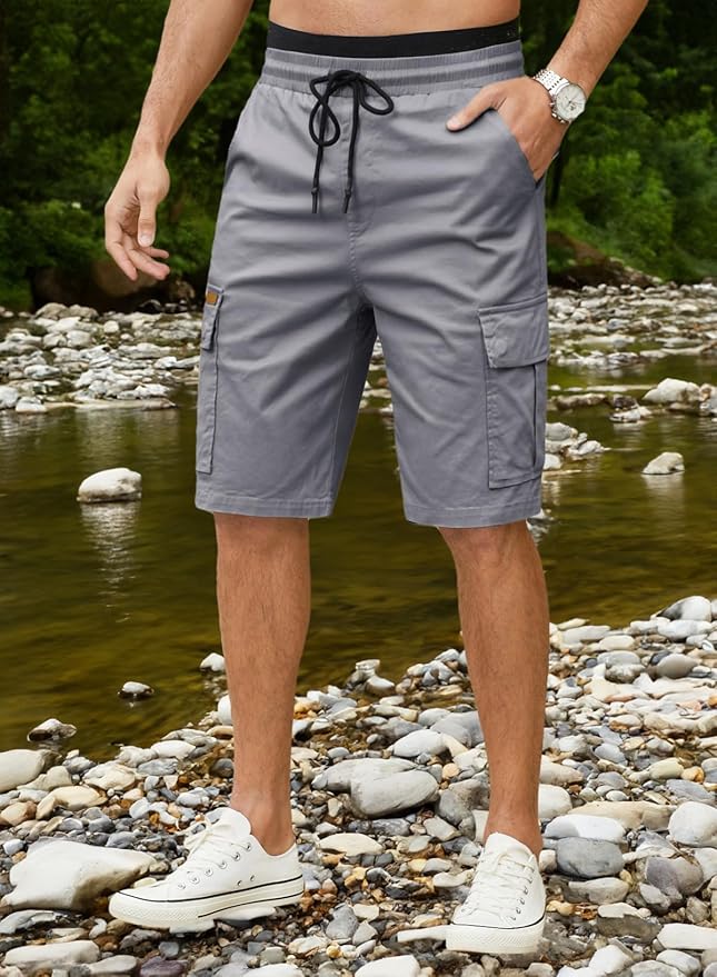 JMIERR Mens Casual Twill Cargo Shorts Cotton Drawstring Classic Cargo Stretch Short with 6 Pockets