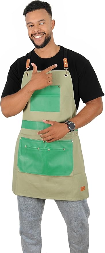 Barber Hair Stylists Working Apron Waterproof Canvas Chef Kitchen Apron with 6 Pockets